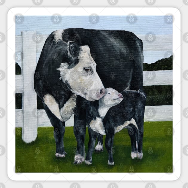 Mom and Baby Cows Sticker by megandavellafineart